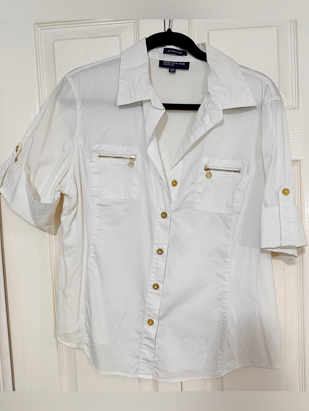 Jones New York Stretch, White Button-Down Collard Shirt with Gold Buttons
